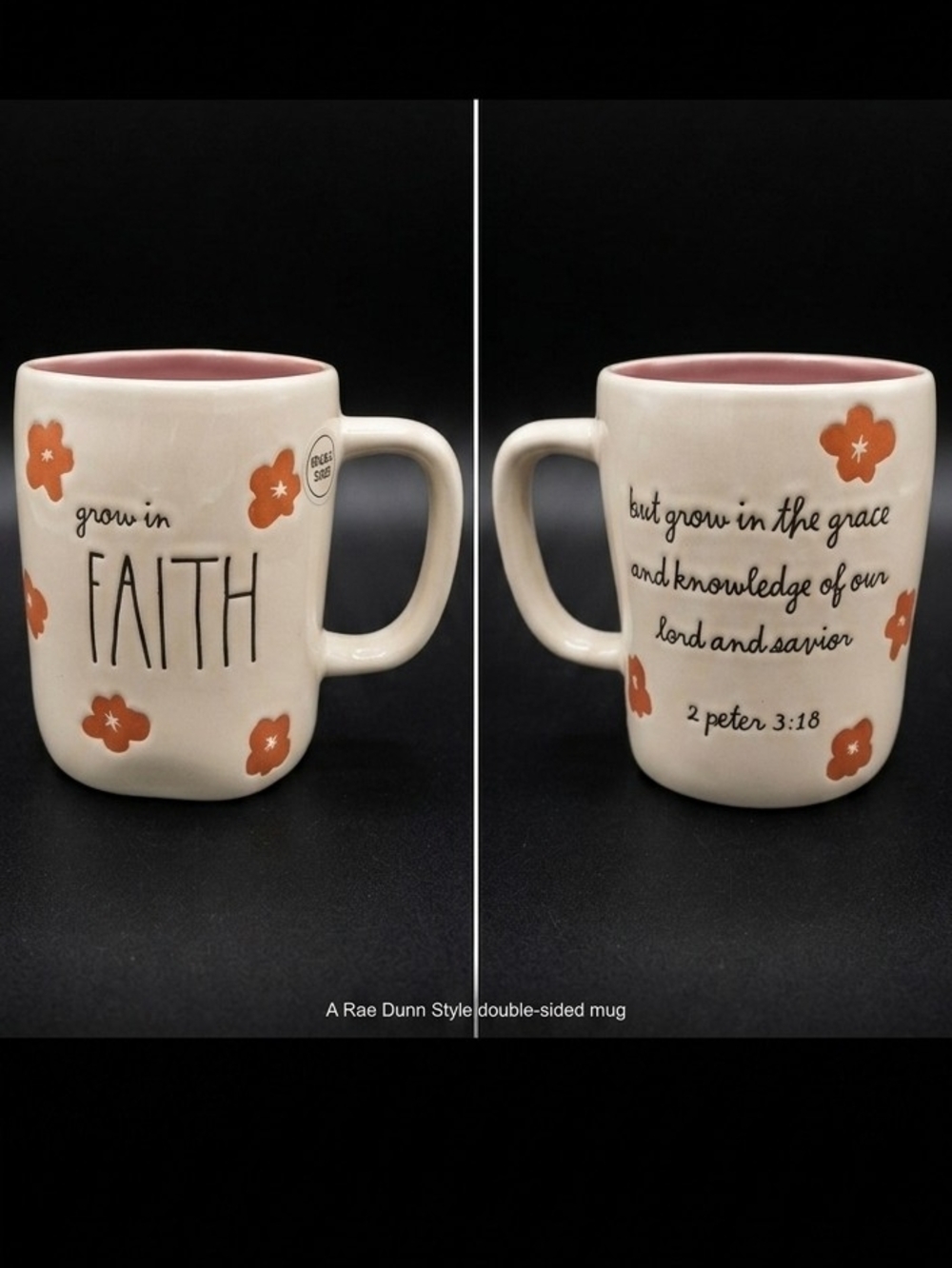Rae Dunn Cream Mug with Dark Pink Floral Accents and Pink Interior